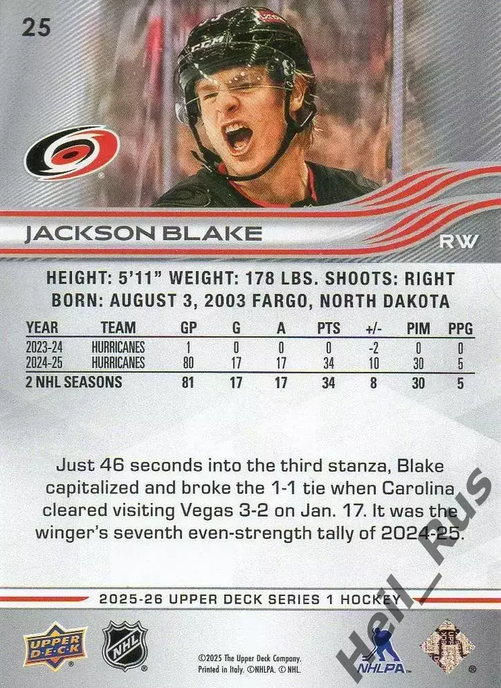 Хоккей Карточка Jackson Blake/Джексон Блейк Carolina Hurricanes/Каролина НХЛ/NHL 1