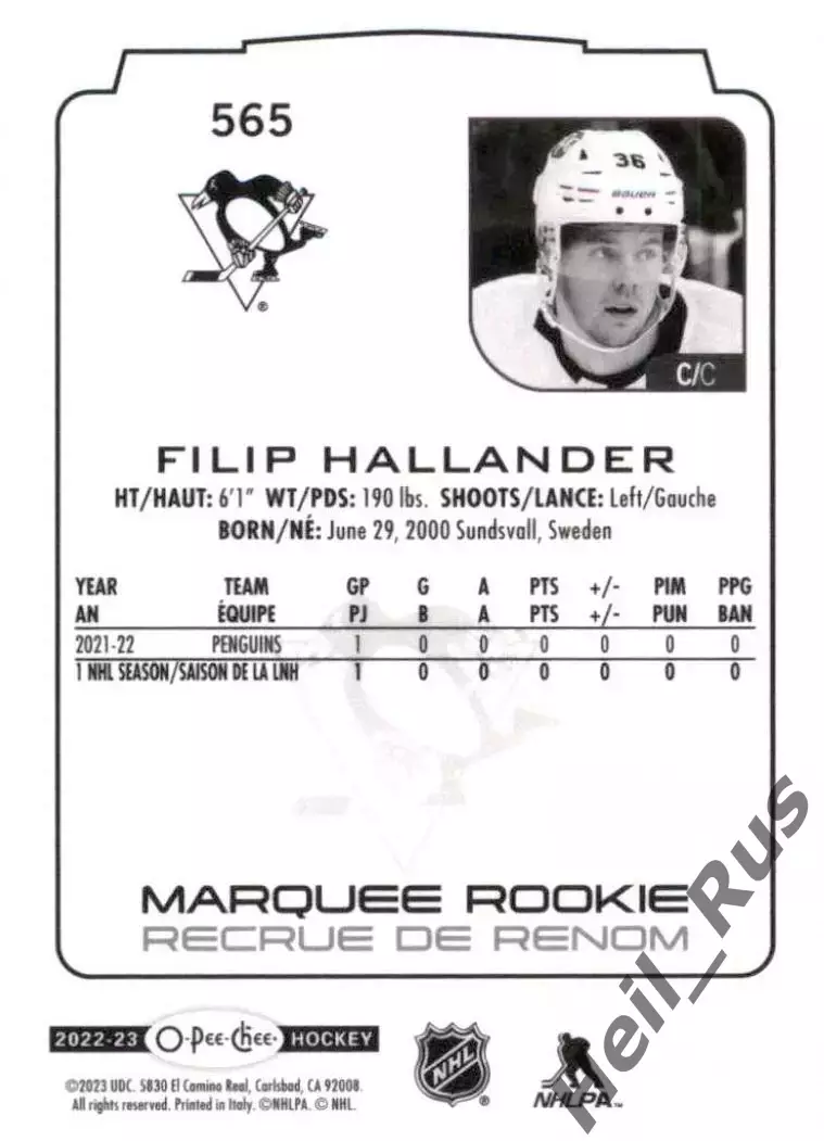 Карточка Filip Hallander/Филип Холландер (Pittsburgh Penguins/Питтсбург) NHL/НХЛ 1