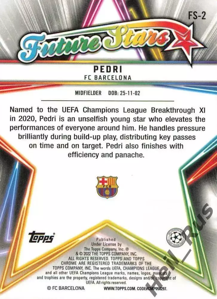 Футбол; Карточка Pedri/Педри FC Barcelona/Барселона Лига Чемпионов 2021/22 TOPPS 1