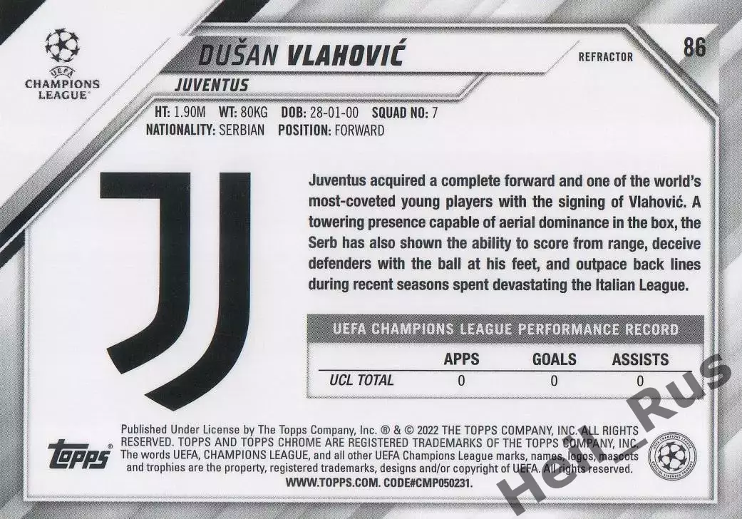 Футбол. Карточка Душан Влахович Ювентус, Фиорентина Лига Чемпионов 2021-22 TOPPS 1
