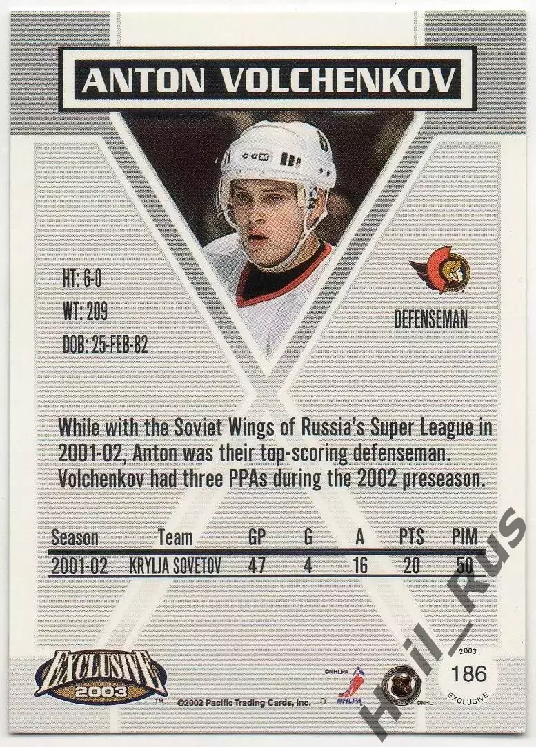 Хоккей Карточка Антон Волченков Оттава Сенаторз/Торпедо/ЦСКА/Адмирал НХЛ/NHL/КХЛ 1