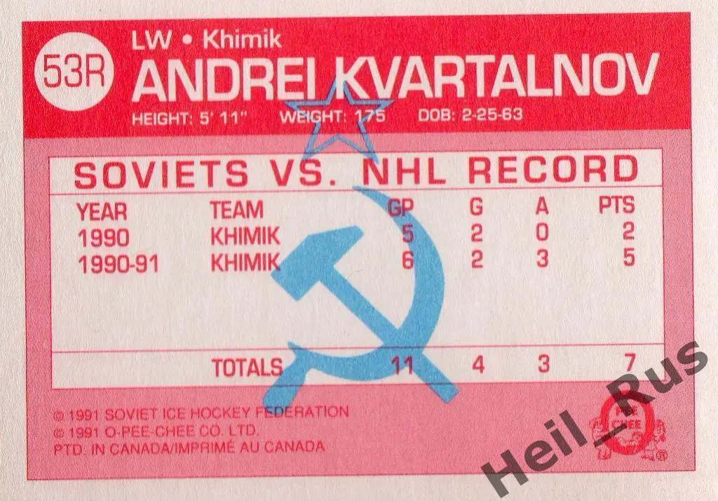 Карточка Дмитрий Квартальнов Химик Воскресенск/Ак Барс/Динамо Минск/ЦСКА НХЛ/КХЛ 1