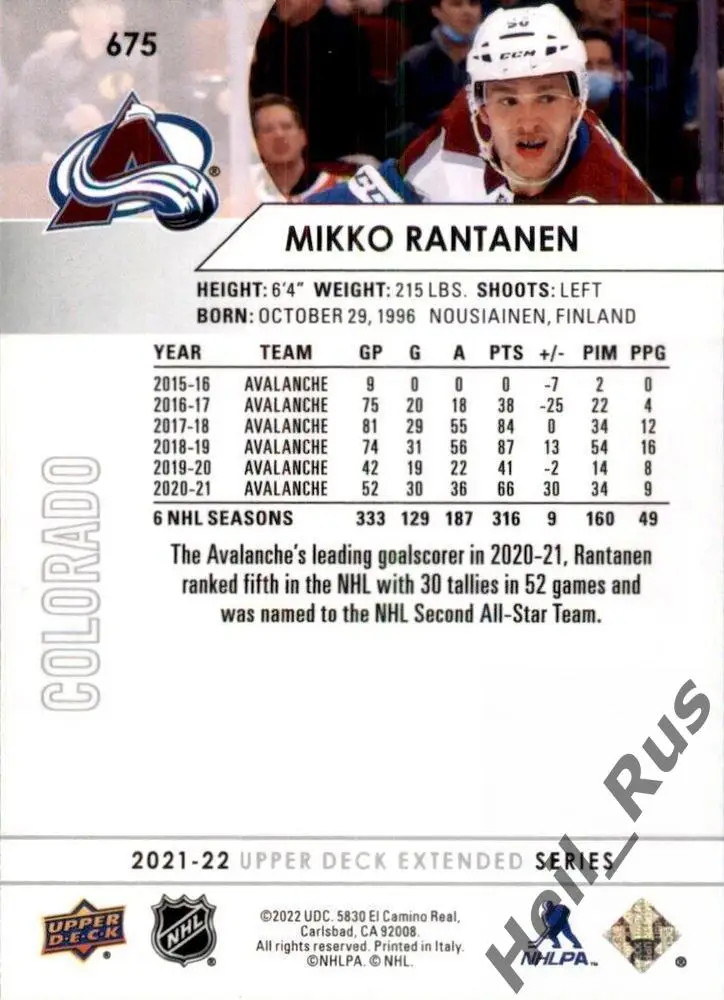 Карточка Mikko Rantanen / Микко Рантанен (Colorado Avalanche / Колорадо) НХЛ/NHL 1