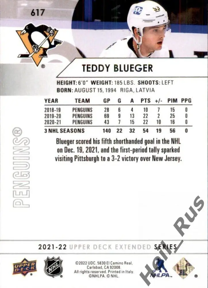 Карточка Teddy Blueger/Теодорс Блюгерс (Pittsburgh Penguins / Питтсбург) НХЛ/NHL 1