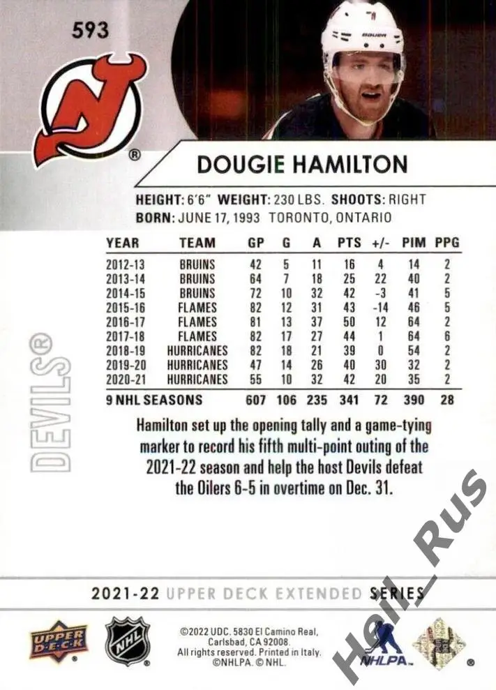 Карточка Dougie Hamilton/Дуги Хэмилтон (New Jersey Devils/Нью-Джерси) НХЛ/NHL 1