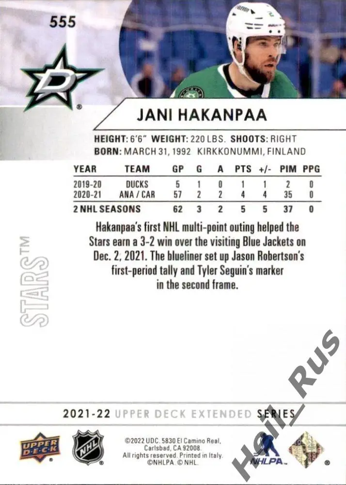 Хоккей. Карточка Jani Hakanpaa/Яни Хаканпяя (Dallas Stars/Даллас Старз) НХЛ/NHL 1