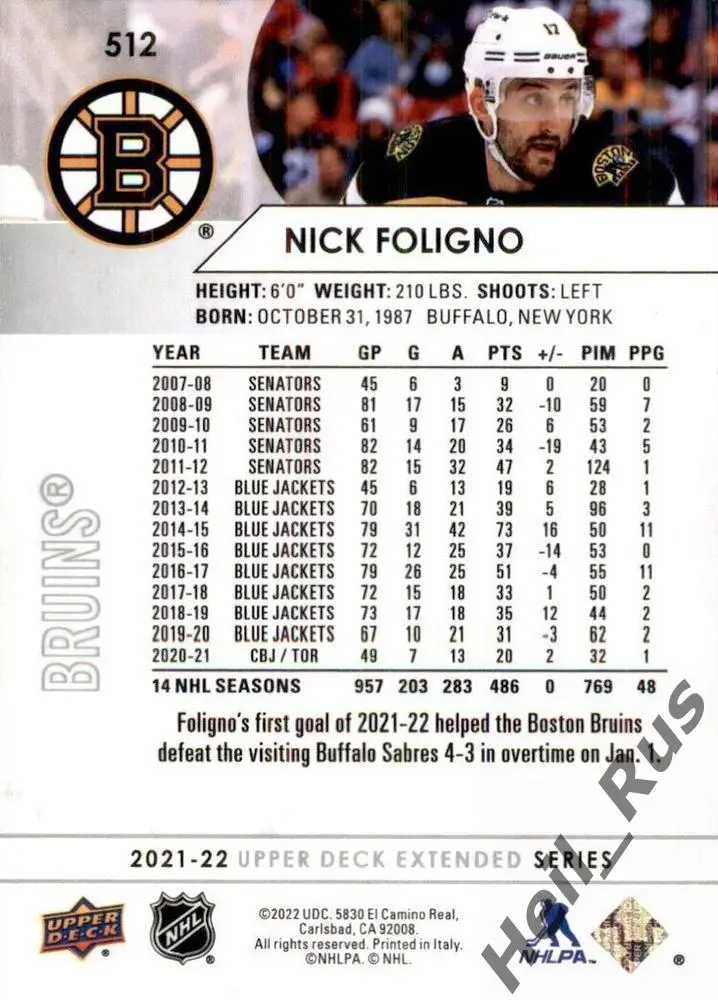 Хоккей. Карточка Nick Foligno/Ник Фолиньо (Boston Bruins/Бостон Брюинз) НХЛ/NHL 1