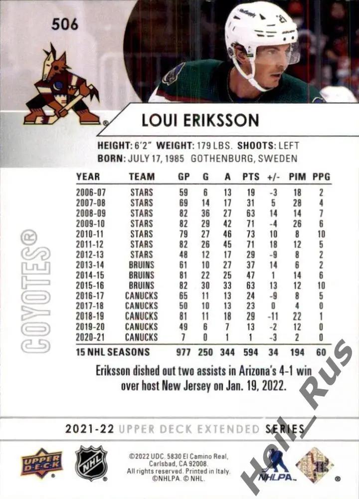 Хоккей. Карточка Loui Eriksson/Луи Эрикссон (Arizona Coyotes/Аризона) НХЛ/NHL 1