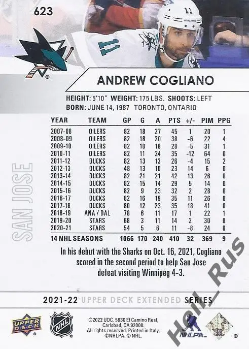 Хоккей. Карточка Andrew Cogliano/Эндрю Кольяно San Jose Sharks/Сан-Хосе НХЛ/NHL 1
