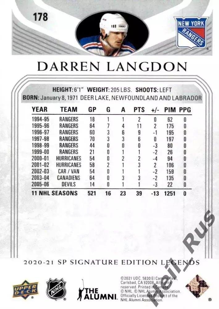 Карточка D. Langdon/Даррен Лэнгдон (New York Rangers/Нью-Йорк Рейнджерс) НХЛ/NHL 1