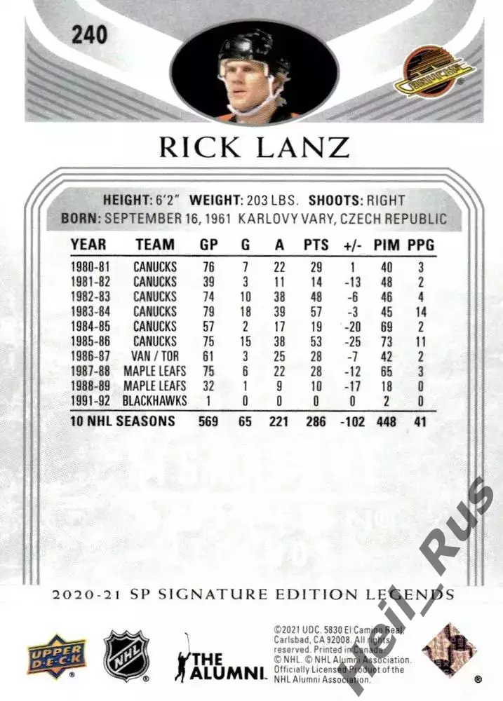 Хоккей. Карточка Rick Lanz/Рик Ланц (Vancouver Canucks/Ванкувер Кэнакс) НХЛ/NHL 1