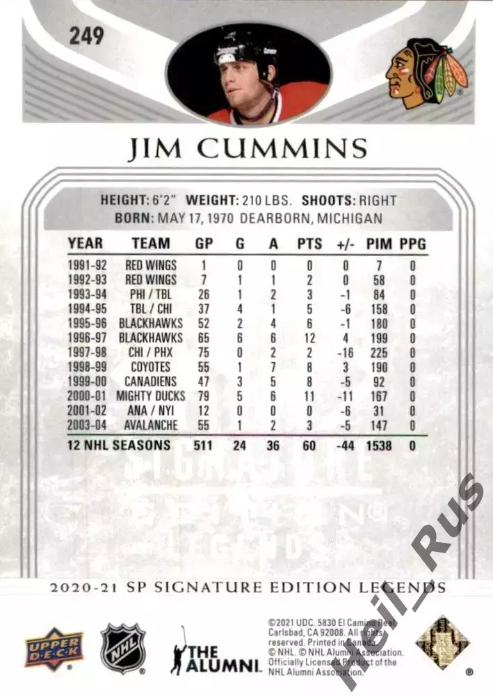 Карточка Jim Cummins/Джим Камминс (Chicago Blackhawks/Чикаго Блэкхокс) НХЛ/NHL 1