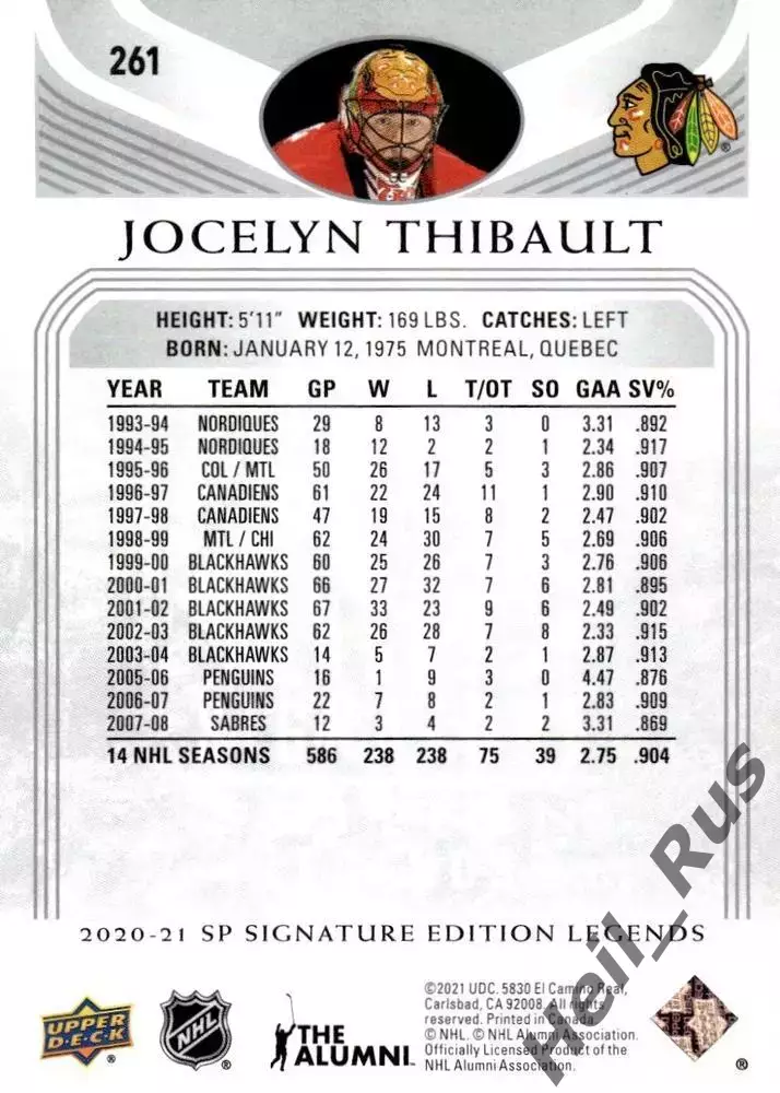 Карточка Jocelyn Thibault/Жослен Тибо Chicago Blackhawks/Чикаго Блэкхокс НХЛ/NHL 1