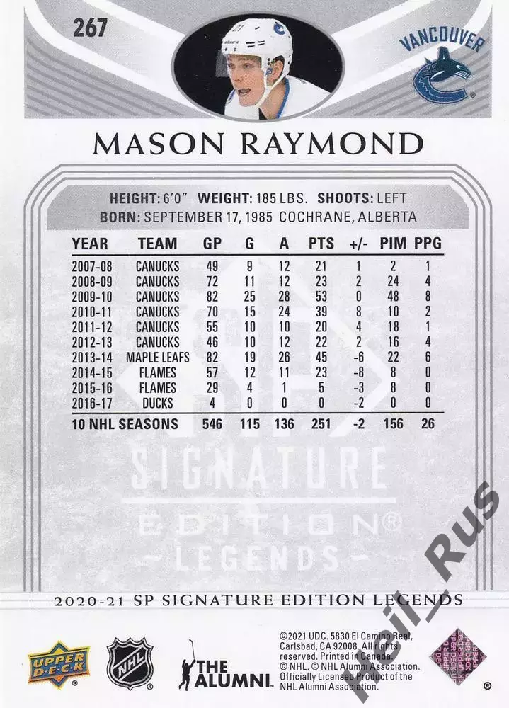 Карточка Mason Raymond/Мэйсон Рэймонд Vancouver Canucks/Ванкувер Кэнакс НХЛ/NHL 1