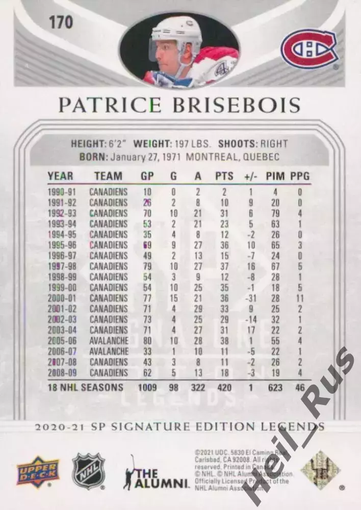 Карточка Patrice Brisebois/Патрис Бризбуа (Montreal Canadiens/Монреаль) НХЛ/NHL 1