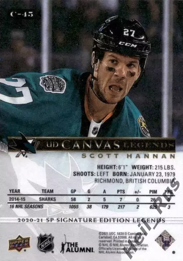 Хоккей Карточка Scott Hannan/Скотт Хэннан San Jose Sharks/Сан-Хосе Шаркс НХЛ/NHL 1