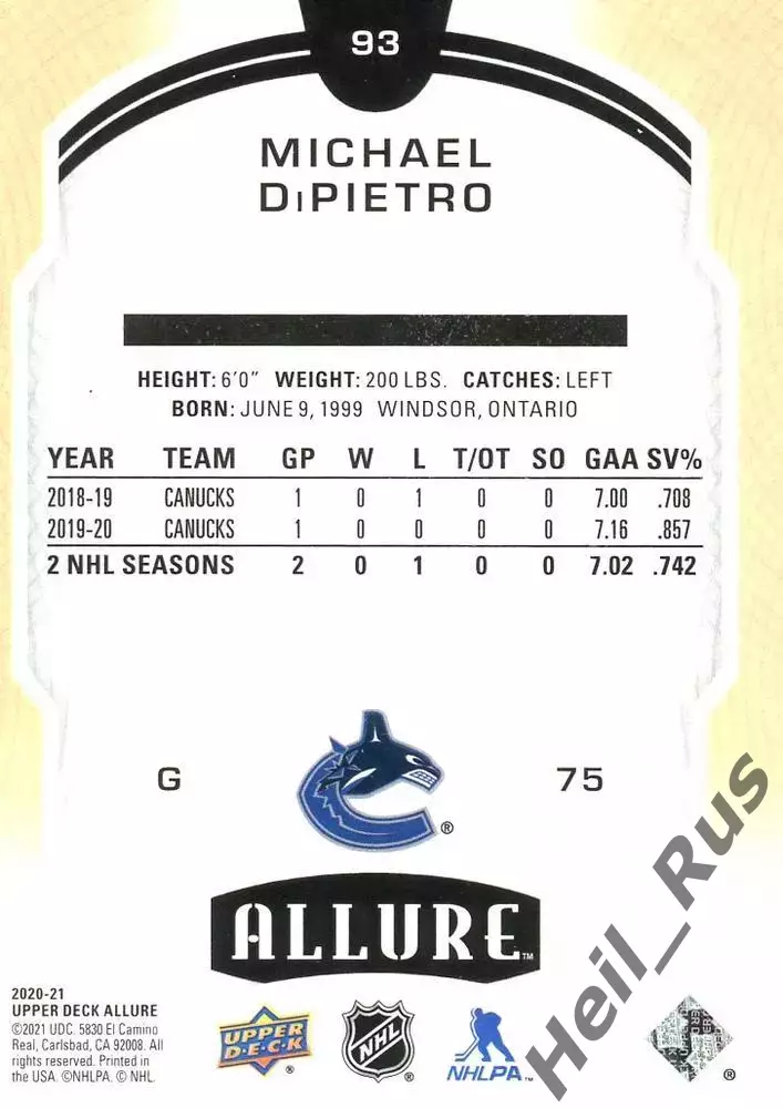 Карточка Michael DiPietro/Майкл Дипьетро (Vancouver Canucks/Ванкувер) НХЛ/NHL 1