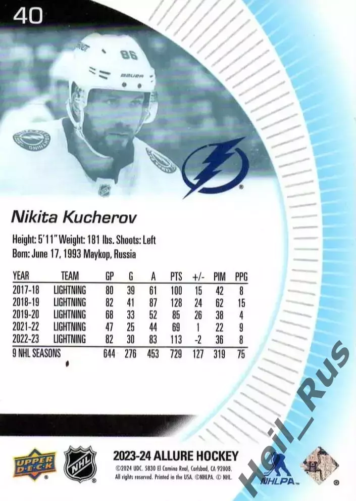 Карточка Никита Кучеров Tampa Bay Lightning/Тампа-Бэй Лайтнинг, ЦСКА NHL/НХЛ КХЛ 1