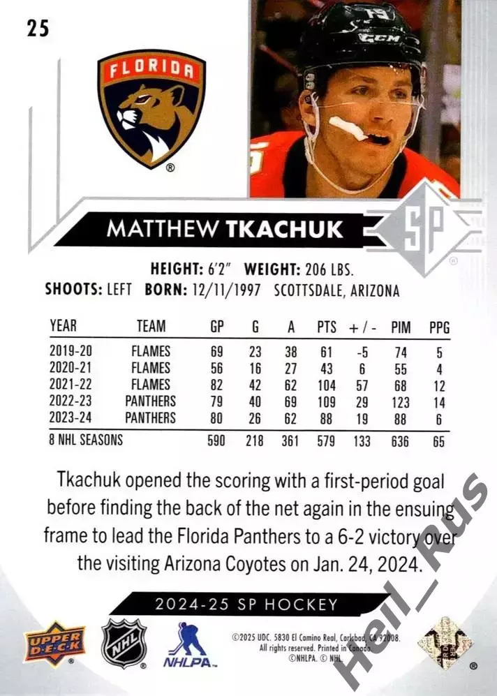 Карточка Matthew Tkachuk/Мэттью Ткачук Florida Panthers/Флорида Пантерз NHL/НХЛ 1