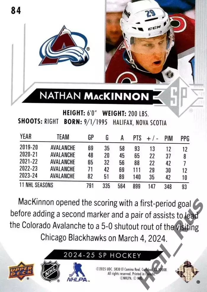 Карточка Nathan MacKinnon/Натан Маккиннон Colorado Avalanche/Колорадо, НХЛ/NHL 1