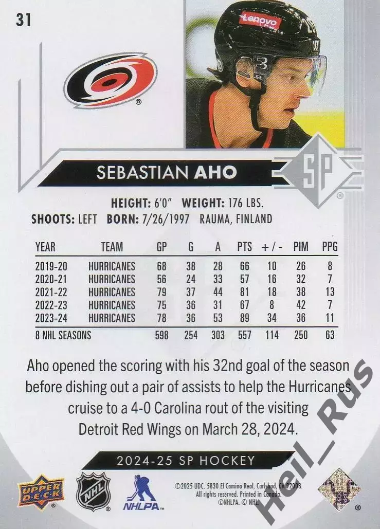 Хоккей Карточка Sebastian Aho/Себастьян Ахо Carolina Hurricanes-Каролина NHL НХЛ 1