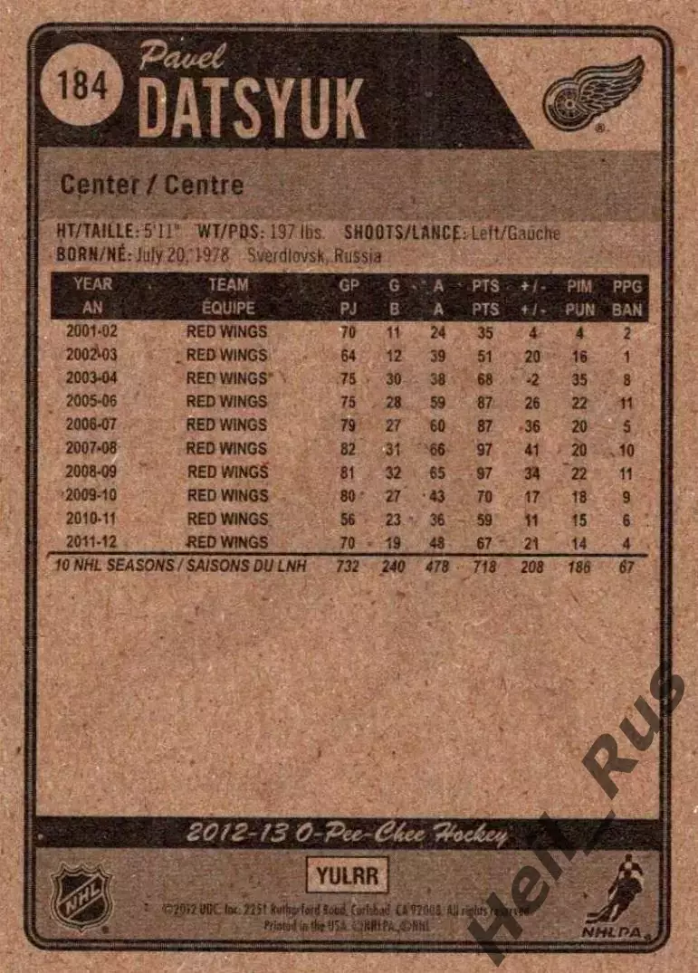 Карточка Павел Дацюк Detroit Red Wings/Детройт СКА/Автомобилист/ЦСКА НХЛ/NHL/КХЛ 1