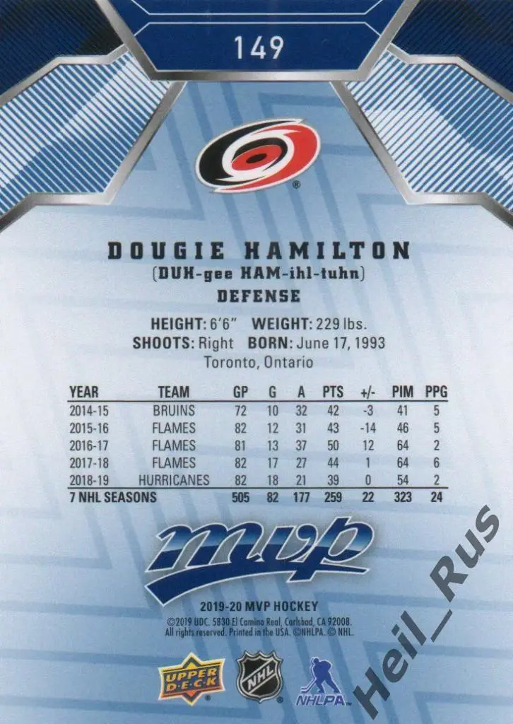 Карточка Dougie Hamilton / Дуги Хэмилтон (Carolina Hurricanes/Каролина) НХЛ/NHL 1
