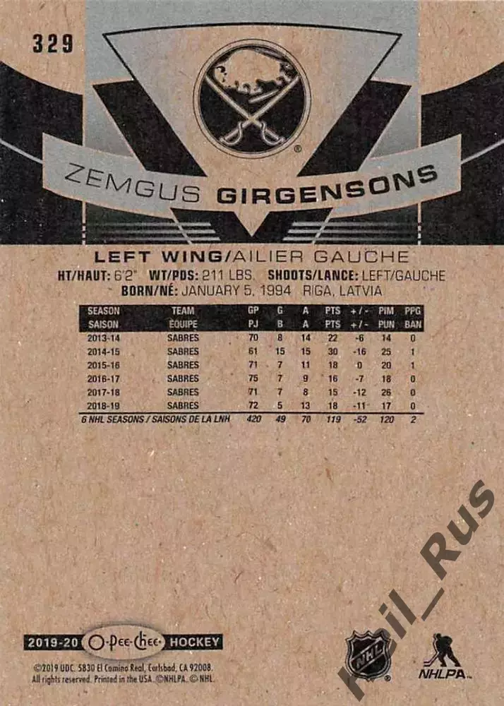 Карточка Girgensons / Земгус Гиргенсонс (Buffalo Sabres/Баффало Сейбрз) НХЛ/NHL 1