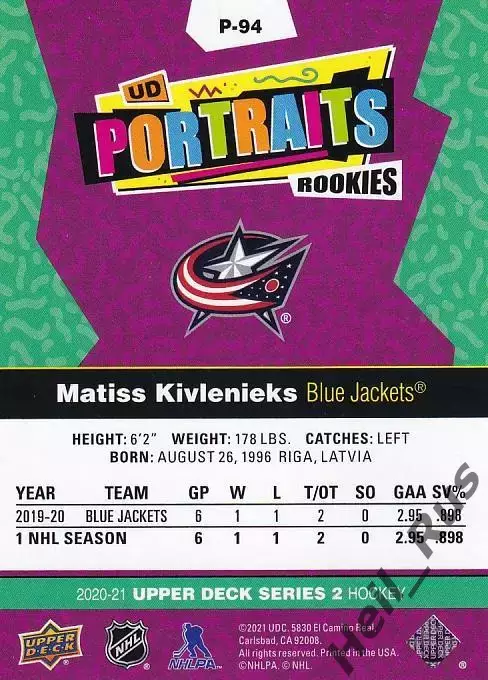 Карточка Matiss Kivlenieks / Матисс Кивлениекс (Columbus Blue Jackets) НХЛ/NHL 1