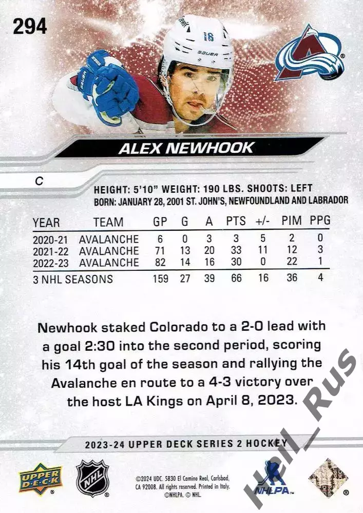 Карточка Alex Newhook/Алекс Ньюхук (Colorado Avalanche/Колорадо Эвеланш) НХЛ/NHL 1
