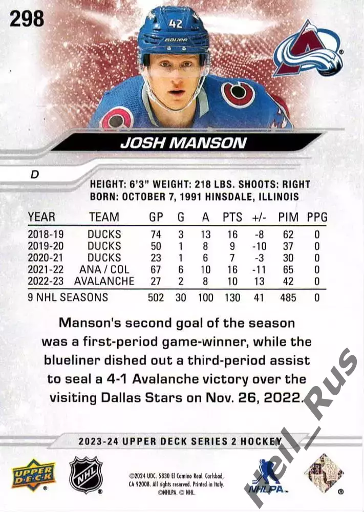 Карточка Josh Manson/Джош Мэнсон (Colorado Avalanche/Колорадо Эвеланш) НХЛ/NHL 1