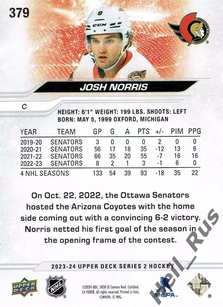 Хоккей; Карточка Josh Norris/Джош Норрис Ottawa Senators/Оттава Сенаторз NHL/НХЛ 1