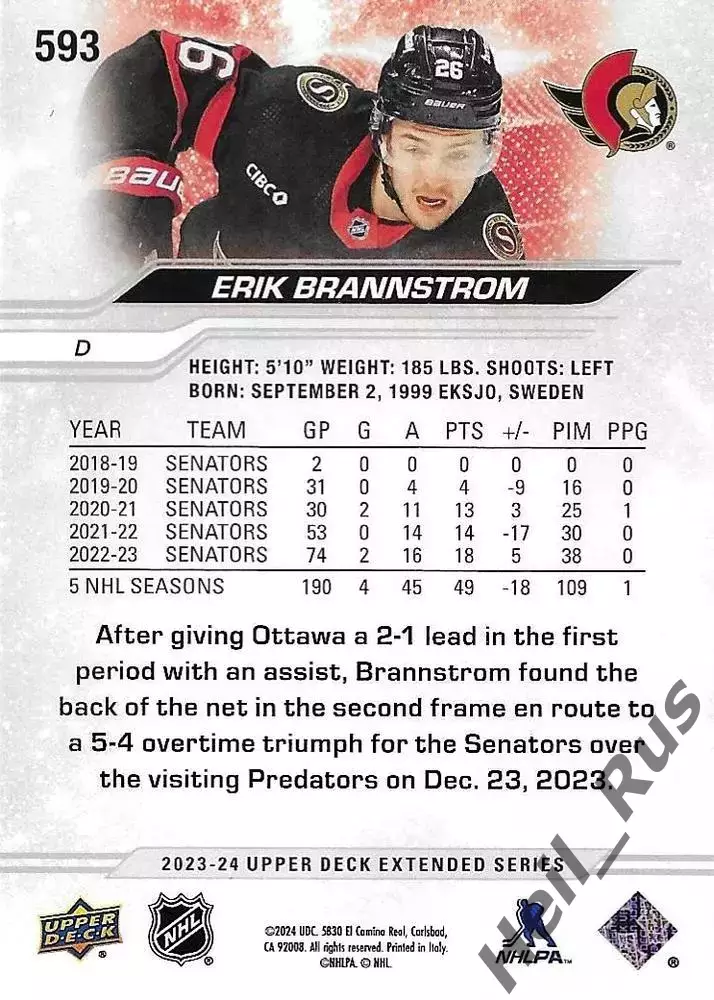 Карточка Erik Brannstrom/Эрик Бреннстрем Ottawa Senators/Оттава Сенаторз НХЛ/NHL 1