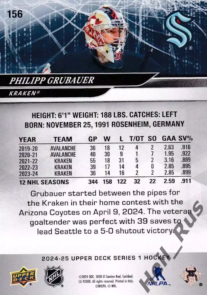 Карточка Philipp Grubauer/Филипп Грубауэр (Seattle Kraken/Сиэтл Кракен) NHL-НХЛ 1