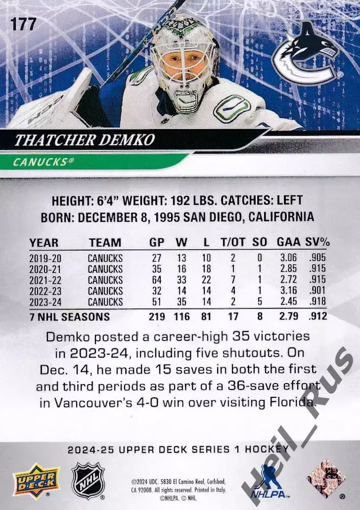 Карточка Thatcher Demko/Тэтчер Демко (Vancouver Canucks/Ванкувер Кэнакс) NHL/НХЛ 1