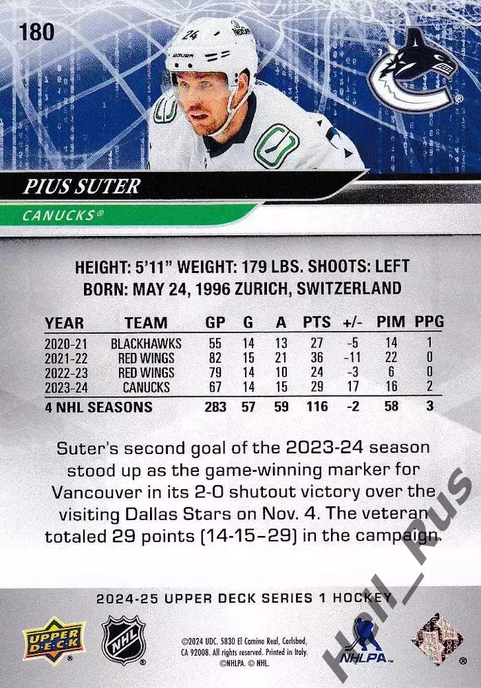 Хоккей. Карточка Pius Suter/Пиус Сутер Vancouver Canucks/Ванкувер Кэнакс НХЛ/NHL 1