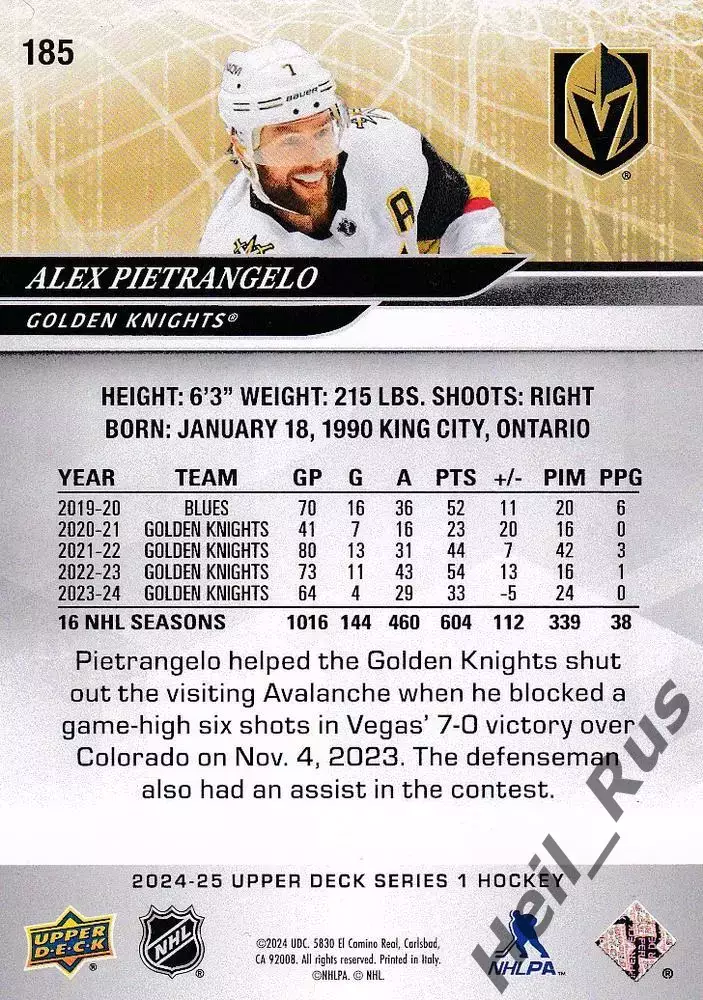 Карточка Alex Pietrangelo/Алекс Пьетранжело (Vegas Golden Knights/Вегас) NHL/НХЛ 1