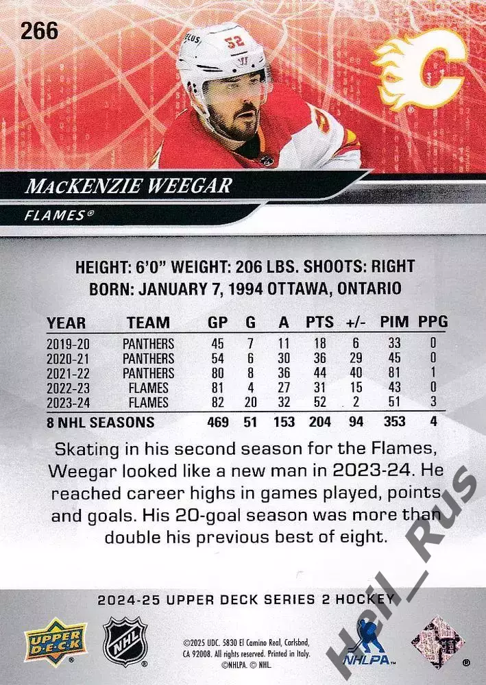 Карточка MacKenzie Weegar/Маккензи Уигар (Calgary Flames/Калгари Флэймз) НХЛ/NHL 1