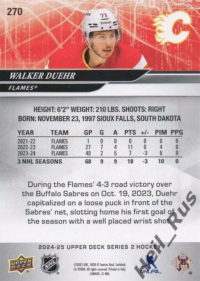Хоккей. Карточка Walker Duehr/Уокер Дюр (Calgary Flames/Калгари Флэймз) НХЛ/NHL 1