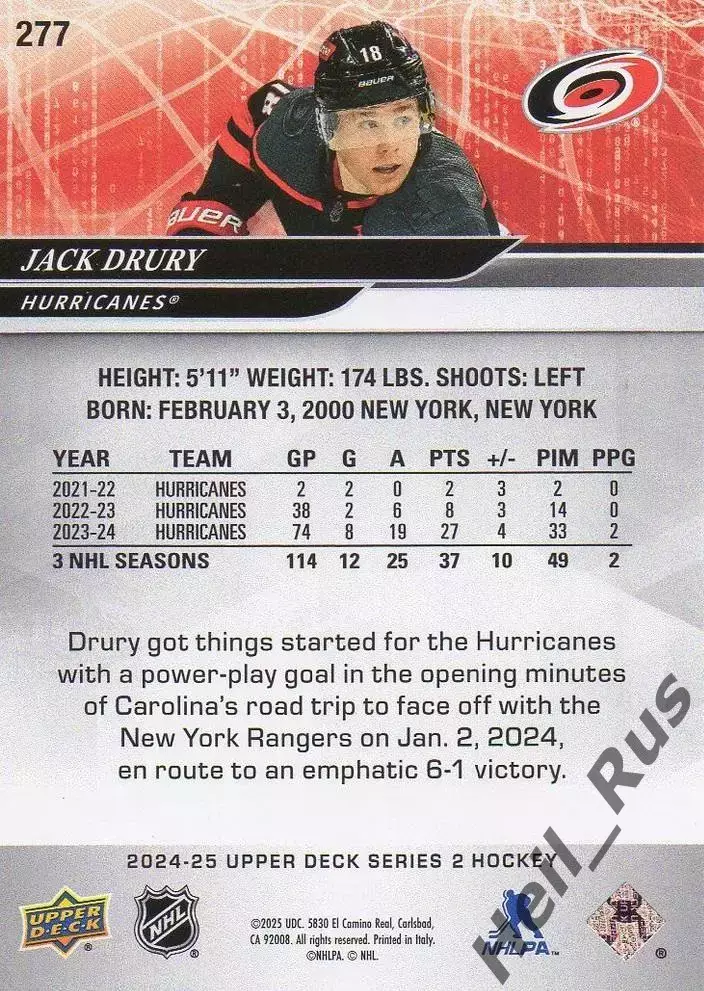 Карточка Jack Drury/Джек Друри (Carolina Hurricanes/Каролина Харрикейнз) НХЛ/NHL 1
