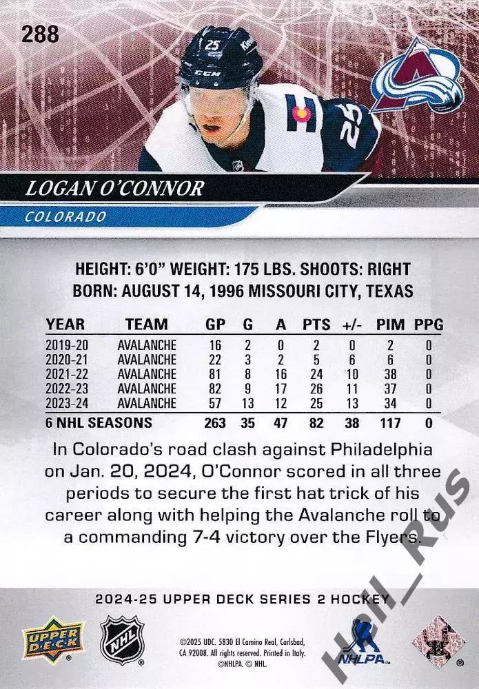 Карточка Logan O'Connor/Логан О’Коннор (Colorado Avalanche / Колорадо) НХЛ/NHL 1