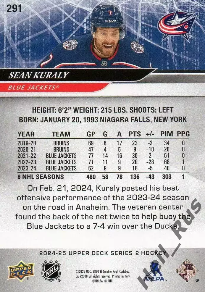 Хоккей. Карточка Sean Kuraly/Шон Курали (Columbus Blue Jackets/Коламбус) НХЛ/NHL 1