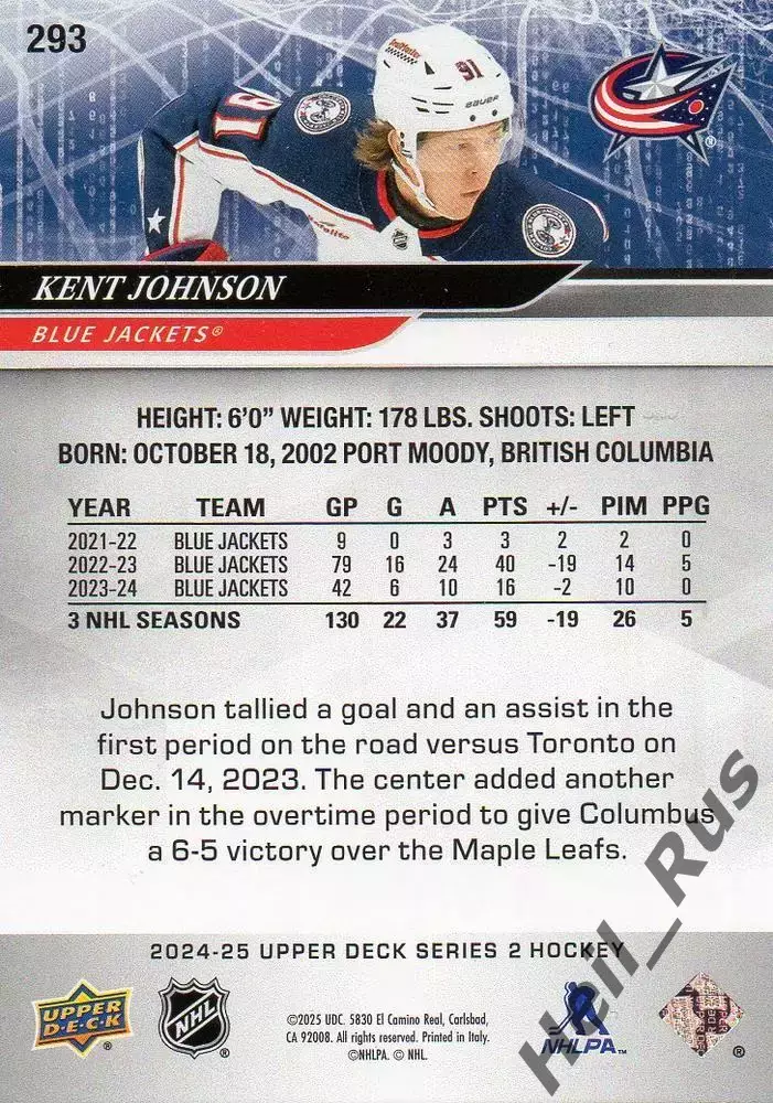 Хоккей Карточка Kent Johnson/Кент Джонсон Columbus Blue Jackets/Коламбус NHL НХЛ 1