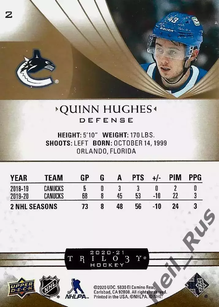 Карточка Quinn Hughes/Куинн Хьюз (Vancouver Canucks / Ванкувер Кэнакс) НХЛ/NHL 1