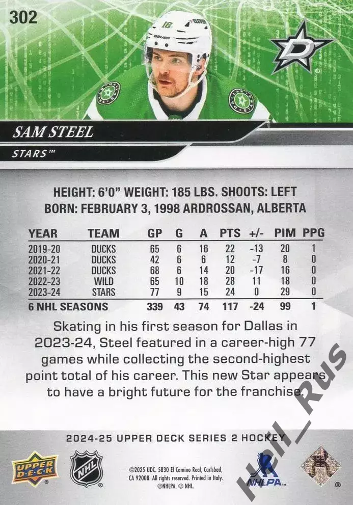 Хоккей. Карточка Sam Steel/Сэм Стил (Dallas Stars/Даллас Старз) НХЛ/NHL 2024/25 1