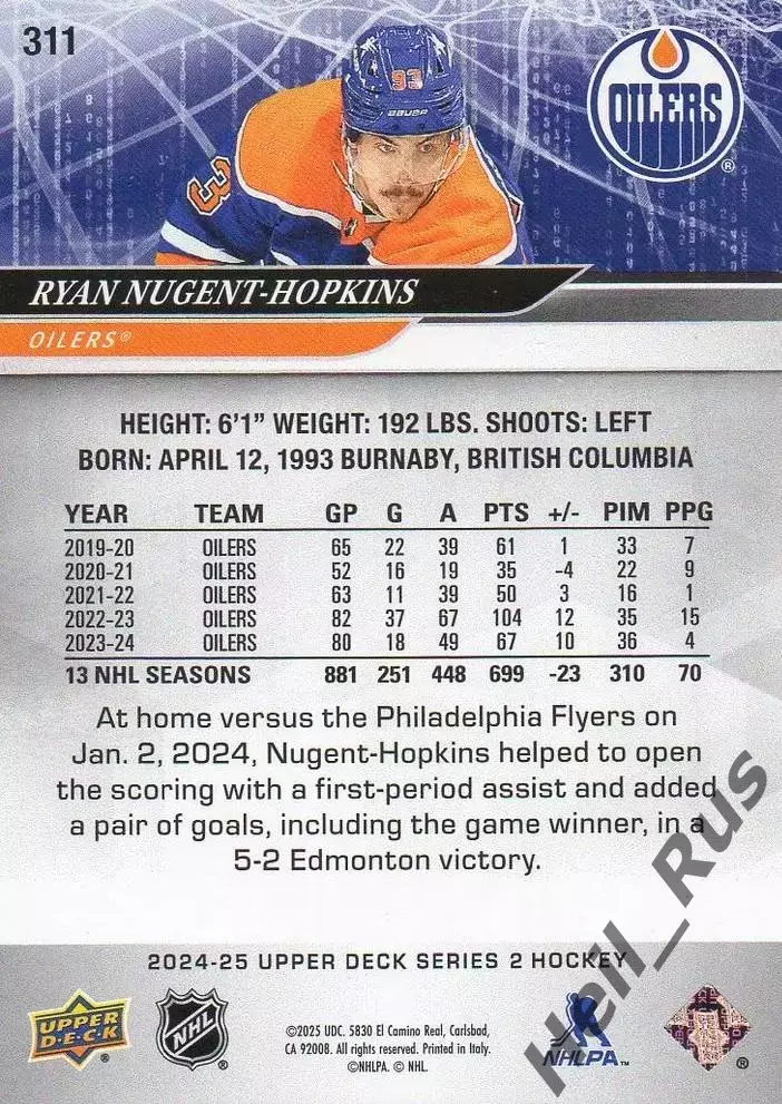 Хоккей Карточка Райан Нюджент-Хопкинс Edmonton Oilers/Эдмонтон Ойлерз НХЛ / NHL 1