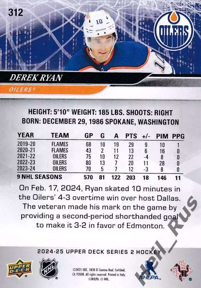 Хоккей. Карточка Derek Ryan/Дерек Райан Edmonton Oilers/Эдмонтон Ойлерз НХЛ/NHL 1