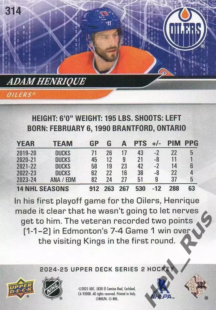 Карточка Adam Henrique/Адам Хенрик (Edmonton Oilers/Эдмонтон Ойлерз) НХЛ/NHL 1