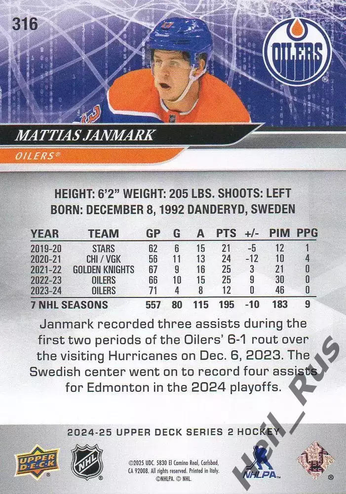 Карточка Mattias Janmark/Маттиас Янмарк Edmonton Oilers/Эдмонтон Ойлерз НХЛ/NHL 1