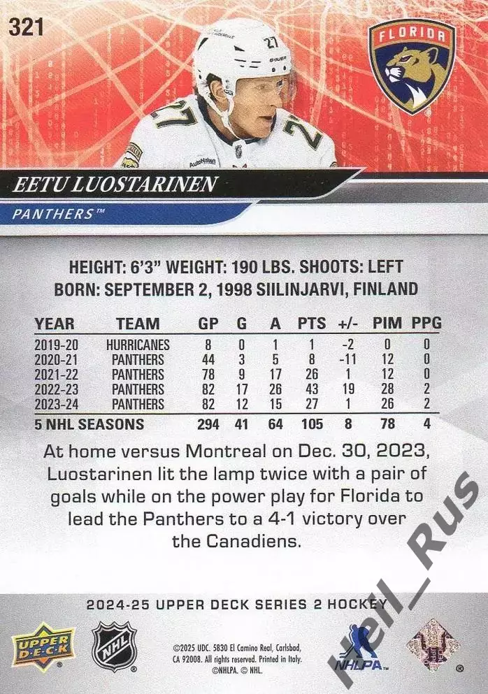 Карточка Luostarinen/Ээту Луостаринен (Florida Panthers/Флорида Пантерз) НХЛ/NHL 1